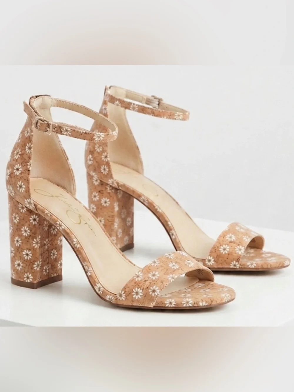 Floral Ankle‑Strap Block Heel Sandals in Cork